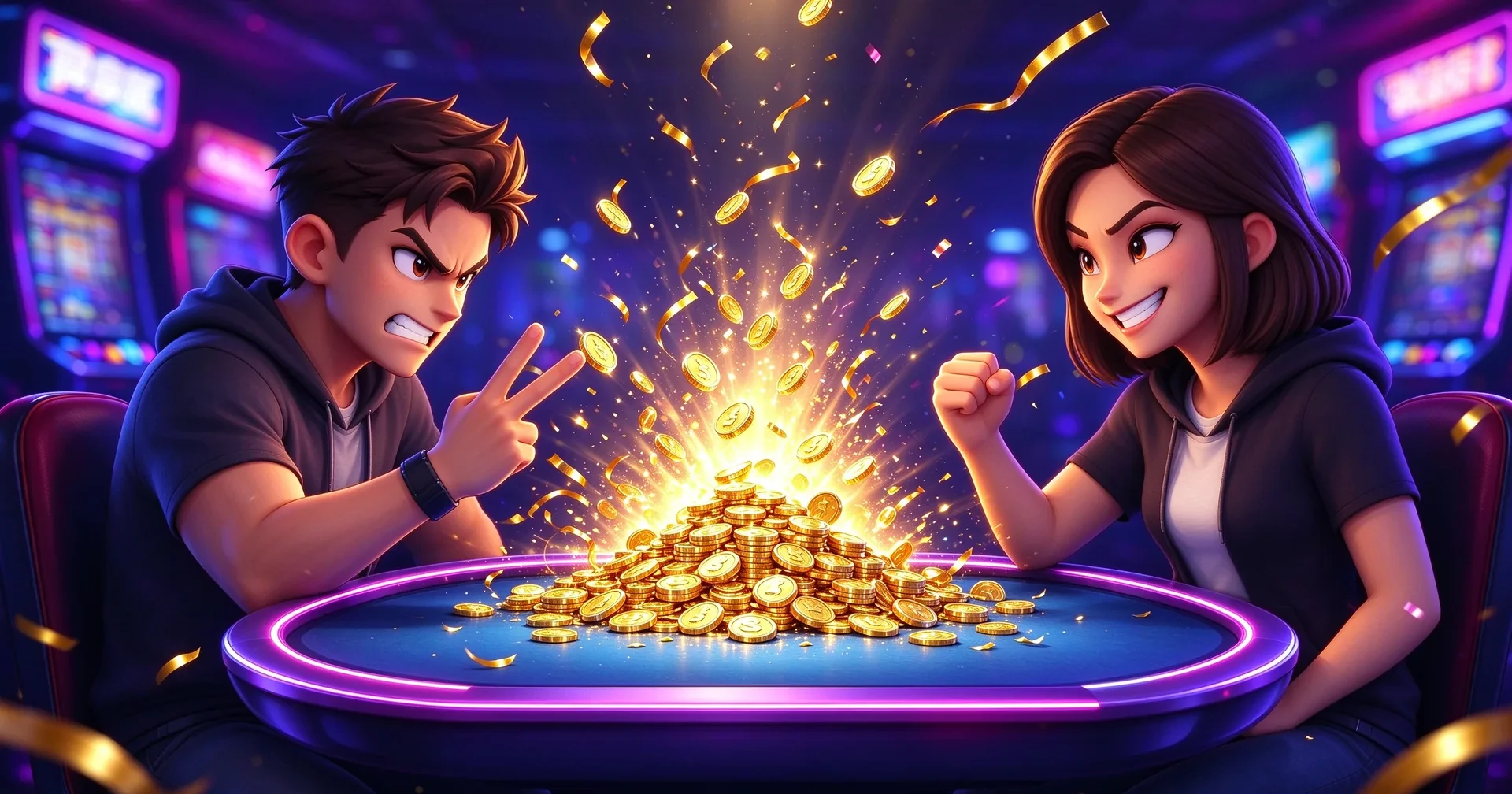 Two players duel on a neon-lit table as gold chips burst into the air